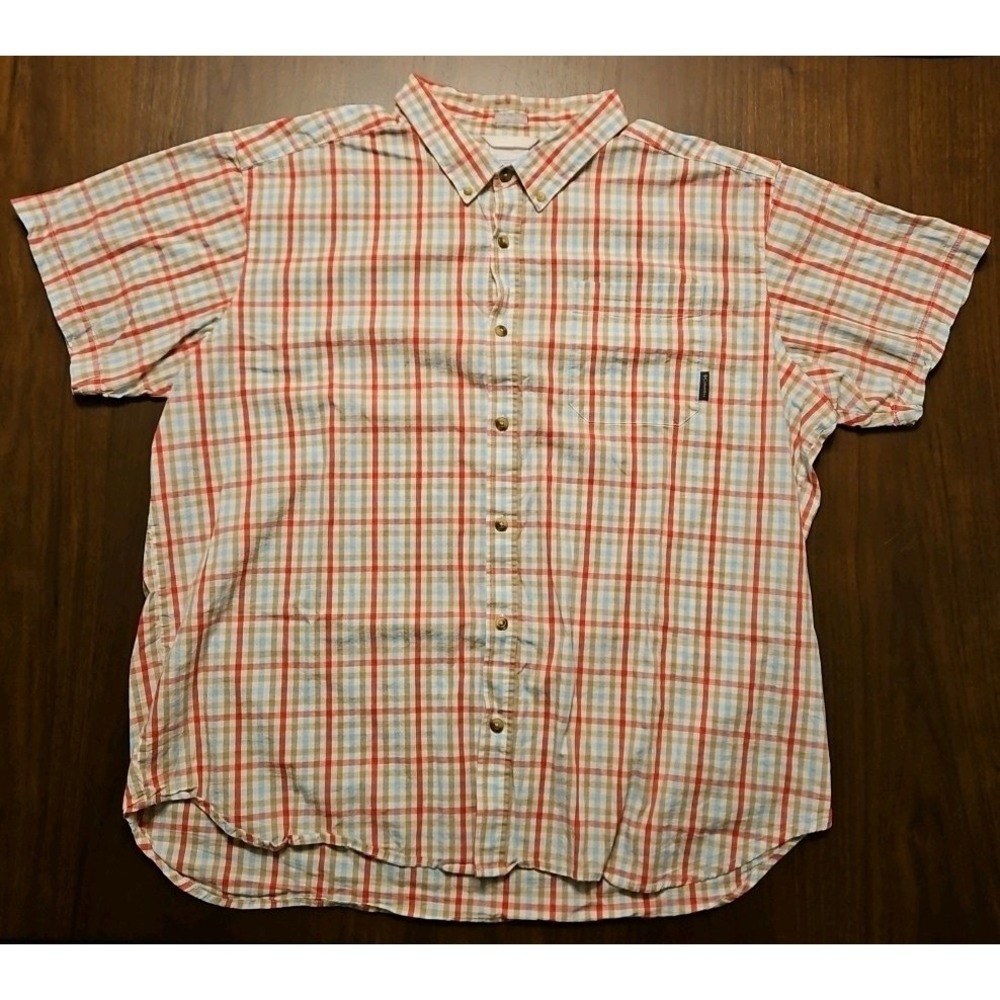 Columbia Regular Fit Short Sleeve Shirt Mens 2XL Red/Tan/Blue Plaid Button Down